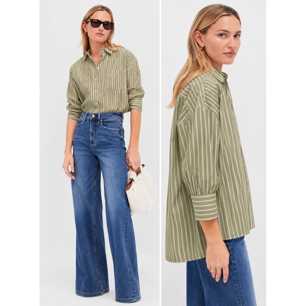 Pomander Place Adair Boyfriend Button Down Shirt Sage Green XXS Oversized